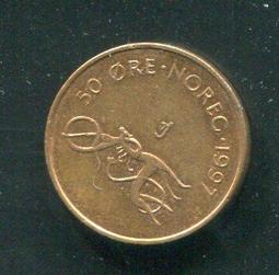 【硬幣】NORWAY (挪威), 50 ORE , K418 , 1990 #203335 品相9新AU 歷史價格詳細信息