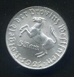 【緊急貨幣】(德國西萊茵) , 50 Pf.#209138 , 1921 , 24mm , 95新AU+ 歷史價格詳細信息