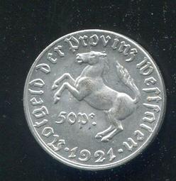 【緊急貨幣】(德國西萊茵) , 50 Pf.#209138 , 1921 , 24mm , 95新AU+ 歷史價格詳細信息