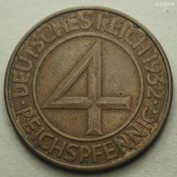 德國魏瑪共和國1932年4芬尼銅幣硬幣D廠24mm好品相 24F587 歷史價格詳細信息