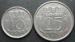 荷蘭1951-1955年10/25分鎳幣2枚一起 23C230 歷史價格詳細信息