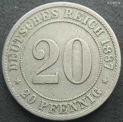 德國1887年20芬尼短翅D廠鎳幣德意志第二帝國 23E084 歷史價格詳細信息