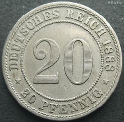 德國1888年20芬尼短翅A廠鎳幣德意志第二帝國 23E083 歷史價格詳細信息
