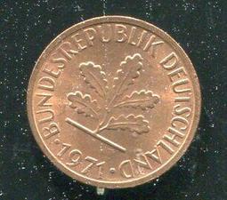 【硬幣】Germany(德國聯邦),K105,1 Pfennig,1966G #211157 品相全新UNC 歷史價格詳細信息