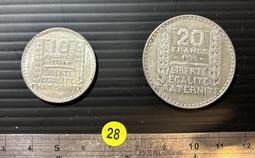 【超值硬幣】法國1920-30年代 10-20 FR 法郎 銀幣二枚一組 絕版少見~(使用過品相) (S42) 歷史價格詳細信息