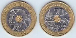 【滿300出貨】奧運之父 顧拜旦 法國1994年20法郎 奧運運動會紀念幣 雙金屬硬幣 歷史價格詳細信息