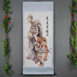 國畫山水宣紙卷軸畫掛畫中堂畫可直接掛佛像達摩雙虎福圖達摩伏虎 歷史價格詳細信息