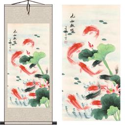 工筆畫荷塘魚趣水墨字畫書房客廳辦公室裝飾畫絲綢畫招財掛畫定制 歷史價格詳細信息