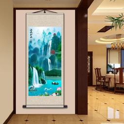 絲綢畫風水畫青山綠水江山如畫亭子仙鶴船聚寶盆卷軸畫辦公室招財 歷史價格詳細信息