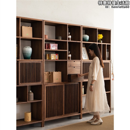 新中式實木書櫃置物櫃落地玻璃展示櫃黑胡桃木儲物櫃收納櫃組合櫃 歷史價格詳細信息