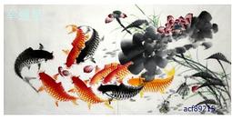 【幸運星】手繪 荷花 九魚圖 風水畫  年年有餘 招財 開運 裝飾畫 四尺 水墨 國畫 D 過年應景 C12-34 歷史價格詳細信息