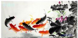 【幸運星】手繪 荷花 九魚圖 風水畫  年年有餘 招財 開運 裝飾畫 四尺 水墨 國畫 D 過年應景 C12-34 歷史價格詳細信息