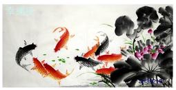 【幸運星】手繪 荷花 九魚圖 風水畫  年年有餘 招財 開運 裝飾畫 四尺 水墨 國畫 D 過年應景 C12-34 歷史價格詳細信息