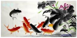 【幸運星】手繪 荷花 九魚圖 風水畫  年年有餘 招財 開運 裝飾畫 四尺 水墨 國畫 D 過年應景 C12-34 歷史價格詳細信息