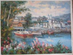 『府城畫廊-手繪油畫』畫師：黃小刀 －船港－風景畫－90x120－筆法工筆細膩－另有數千張油畫國畫讓您挑選－AA19 歷史價格詳細信息