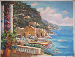 『府城畫廊-手繪油畫』畫師：黃小刀 －船港－風景畫－90x120－筆法工筆細膩－另有數千張油畫國畫讓您挑選－AA19 價格比較,價格查詢,歷史價格詳細信息