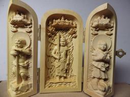 紫晶宮***精品隨身三合一佛龕 黃楊木關公與兩大護法木雕佛像 歷史價格詳細信息