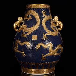 古董古玩老瓷器花瓶 清乾隆年霽藍雕刻鎏金龍鳳紋爬花天球 老物件 歷史價格詳細信息