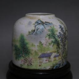 民國粉彩山水人家馬蹄水盂仿古瓷器古董古玩舊貨老貨文房用品 歷史價格詳細信息