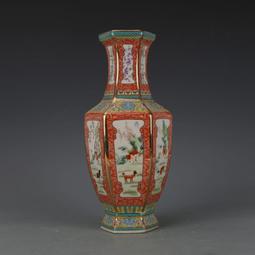 乾隆御制紅地粉彩花鳥六方瓶 古董古玩景德鎮仿古瓷器收藏品 歷史價格詳細信息