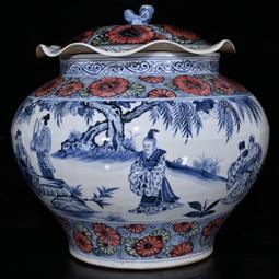 古瓷器 古董瓷器 元代青花釉中彩鬼谷子決篇狗頭蓋罐（40&times;21cm）1800-3890 歷史價格詳細信息