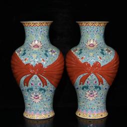 古瓷器 古董瓷器 大清乾隆黃釉雕刻竹節紋玉壺春瓶（有一對）（42&times;27cm）1400-5774 歷史價格詳細信息