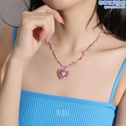 黃銅鍍18K真金  韓系甜美ins風天然石手工串珠愛心琉璃滴油項鍊女 價格比較,價格查詢,歷史價格詳細信息
