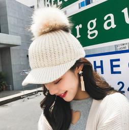 秋冬毛球針織毛線帽保暖彎檐駝鳥毛鴨舌帽馬術帽棒球帽 真毛球 毛球可拆 針織棒球帽 歷史價格詳細信息