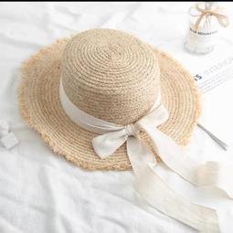 草帽女夏季拉菲草蝴蝶結毛邊大檐平頂太陽帽文藝戶外遮陽沙灘帽 歷史價格詳細信息