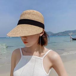 草帽好品質氣質禮帽草帽女特細拉菲草編織平頂帽防曬遮陽帽復古褶皺帶 新品 歷史價格詳細信息