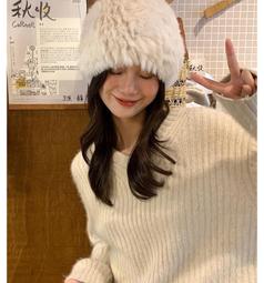 兔毛帽子女冬天皮草帽子護耳帽時尚兔毛帽辮子毛線針織保暖護耳帽 歷史價格詳細信息