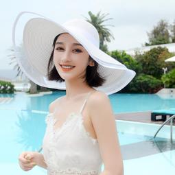 白色大帽簷帽子遮陽帽超大帽簷防曬遮陽沙灘帽女綠飄帶草帽海邊度假 歷史價格詳細信息