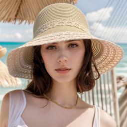 帽子海邊度假ins綁帶草帽女夏季出遊沙灘遮陽大帽簷鏤空可摺疊防晒帽-時尚女裝 歷史價格詳細信息