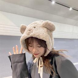 可愛小熊耳朵毛絨帽女冬季韓版針織保暖加厚防風防寒護耳針織帽子 歷史價格詳細信息