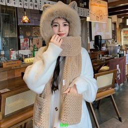 可愛狐狸毛絨帽子圍巾一體女秋冬季騎行防寒防風保暖護耳帽雷鋒帽 歷史價格詳細信息