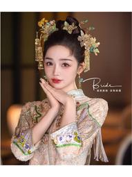 綠色秀禾服頭飾簡約新娘大氣中式步搖結婚古裝新中式漢服髮飾高級 歷史價格詳細信息