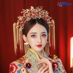 秀禾服頭飾新款古裝中式新娘結婚髮飾金色秀禾鳳冠流蘇髮釵 歷史價格詳細信息