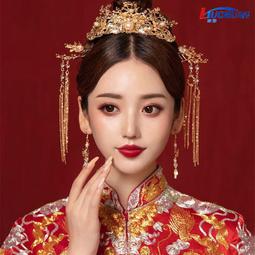 中式新款新娘頭飾金色秀禾服配飾古風髮飾簡約大氣鳳冠結婚 歷史價格詳細信息