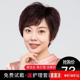 假髮女短髮全頭套直發中老年媽媽女士真發套真人髮絲自然短髮造型 歷史價格詳細信息