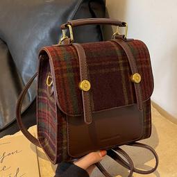 毛呢格子雙肩包包女2023新款潮復古學院風公文包百搭大容量手提包 歷史價格詳細信息