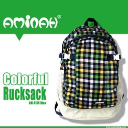 潮牌AMINAH~【am-0115】 多袋口繽紛格紋 原宿街頭潮流風格  後背包 紫藍格紋 歷史價格詳細信息