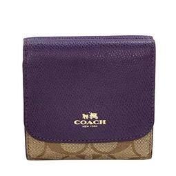 COACH卡其C Logo紫邊真皮上釦三摺內拉鍊袋短夾 歷史價格詳細信息