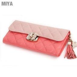 義大利真皮流蘇菱格紋女用皮夾長夾手拿包(牛皮) 粉紅桃玫紅淡藍黑色 歷史價格詳細信息