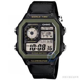 CASIO / AE-1200WHB-1B / 卡西歐 軍事風格 世界時間 防水100米 電子液晶 帆布手錶 軍綠色x黑 40mm 歷史價格詳細信息