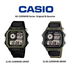 CASIO / AE-1200WHB-1B / 卡西歐 軍事風格 世界時間 防水100米 電子液晶 帆布手錶 軍綠色x黑 40mm 歷史價格詳細信息