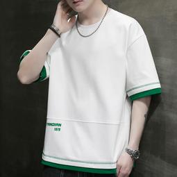 港風夏季男生假兩件t恤 純棉假兩件T恤男 寬鬆休閒短袖上衣 學生穿搭原創短袖T恤 五分袖上衣 假兩件T恤 百搭潮流-正正男裝 歷史價格詳細信息