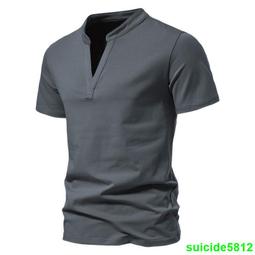 亨利衫 V領短袖 歐美T桖 簡約上衣 夏季潮流修身短袖 純色短袖 夏季新款t桖 歐美男士亨利衫短袖男純色紐扣T恤上衣-MINTS名仕男裝 歷史價格詳細信息