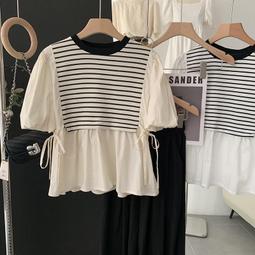 台灣現貨圓領條紋短袖T恤女夏夏裝新款韓版小眾夏季百搭休閒上衣 歷史價格詳細信息