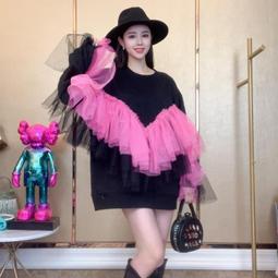 台灣現貨初夏上新，現貨速發，泰國潮牌寬鬆韓版慵懶拼接荷葉邊網紗圓領套頭上衣素色大學T裙  露天市集  全台最大的網路購物 價格比較,價格查詢,歷史價格詳細信息