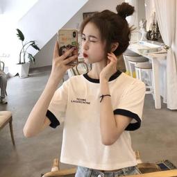 台灣現貨韓版潮流上衣 撞色圓領 短袖 t恤女 2024年新款夏季 打底衫 韓版 修身短款 學生 ins 風 上衣潮 歷史價格詳細信息